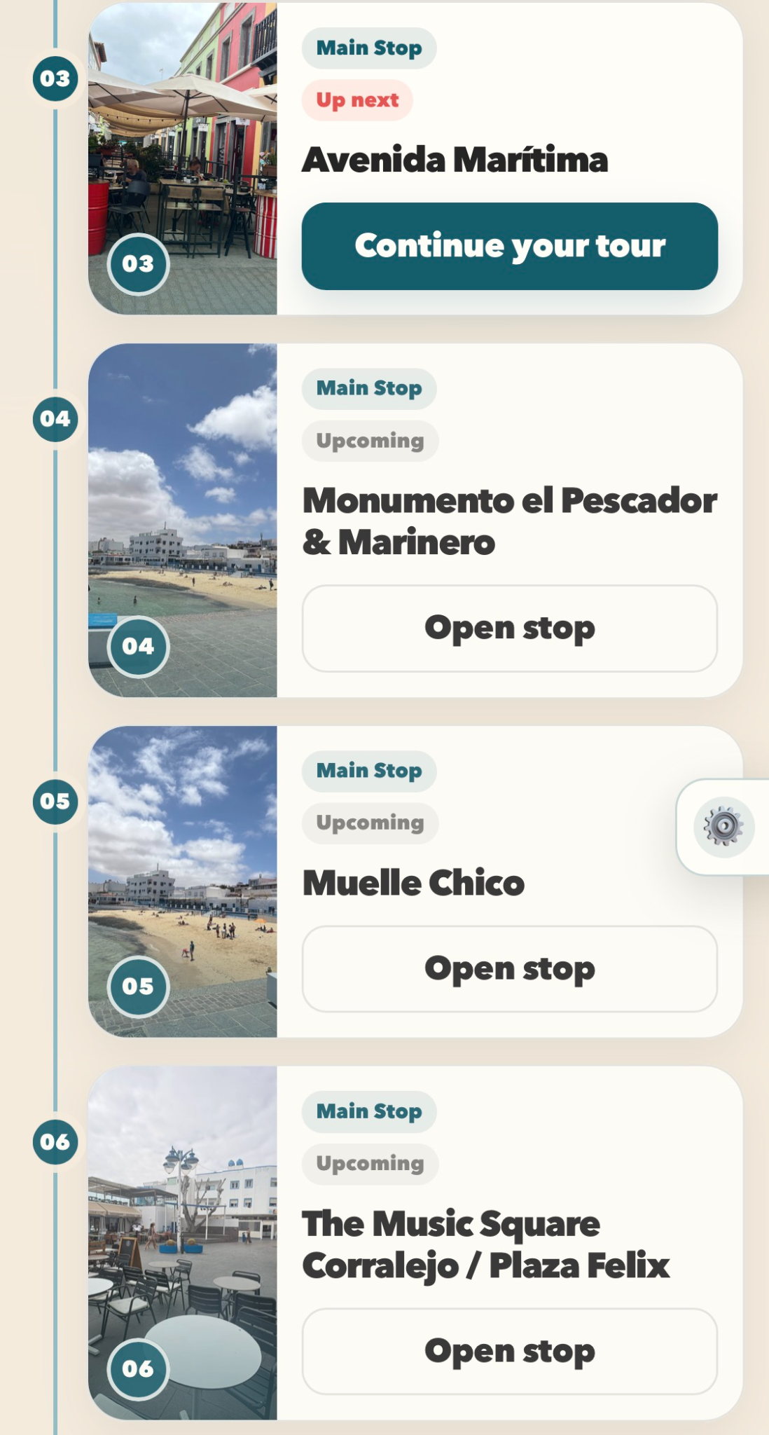 Discover Corralejo route list showing upcoming walking-tour stops